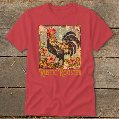 Rooster with flowers on t-shirt, text "RUSTIC ROOSTER" below.