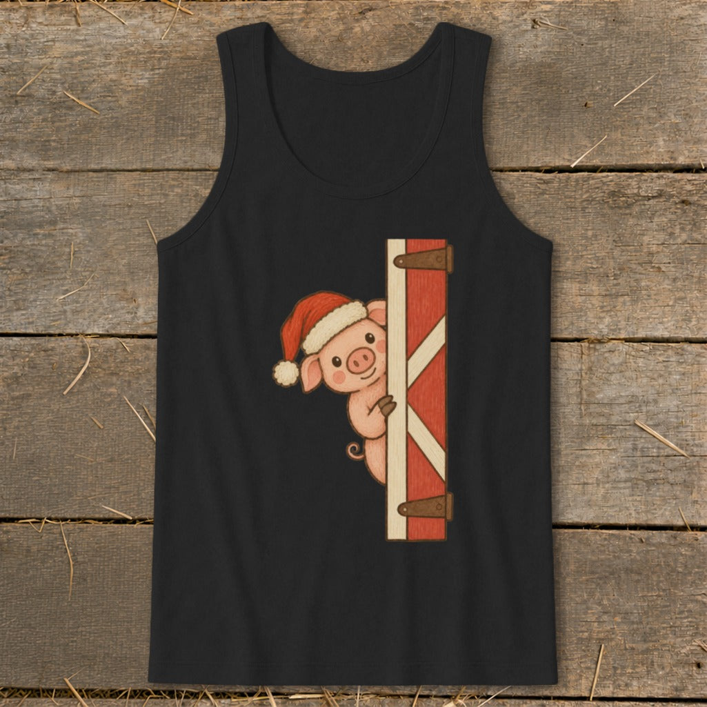 Black tank top with a cartoon pig wearing a Santa hat peeking from a red barn door.
