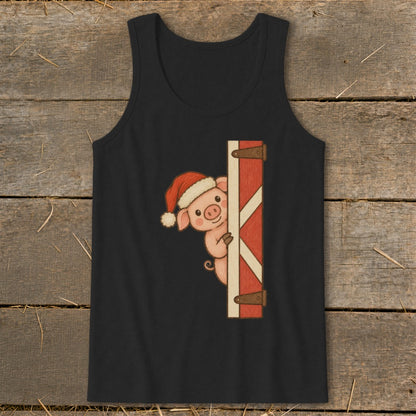 Black tank top with a cartoon pig wearing a Santa hat peeking from a red barn door.