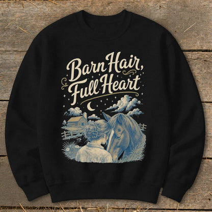 Black sweatshirt with "Barn Hair, Full Heart" text and horse and girl graphic.