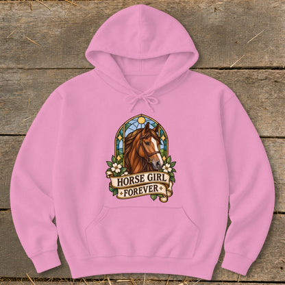 Pink hoodie with "Horse Girl Forever" graphic featuring a horse's head.
