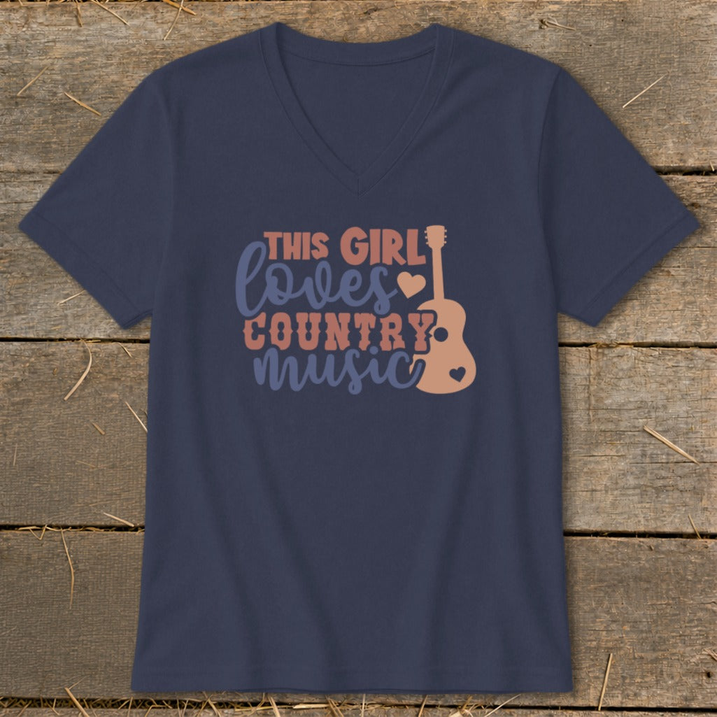 Navy v-neck t-shirt with "This girl loves country music" and guitar graphic.