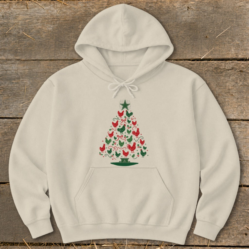 Cream hoodie with a Christmas tree made of red and green chickens.