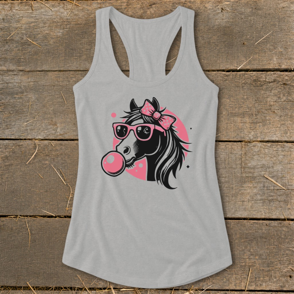 Gray tank top with illustration of a horse wearing sunglasses and a bow, blowing bubblegum.