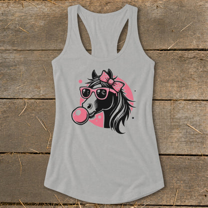 Gray tank top with illustration of a horse wearing sunglasses and a bow, blowing bubblegum.