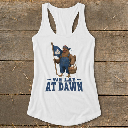 White tank top with a chicken in overalls holding a flag and basket of eggs with text.