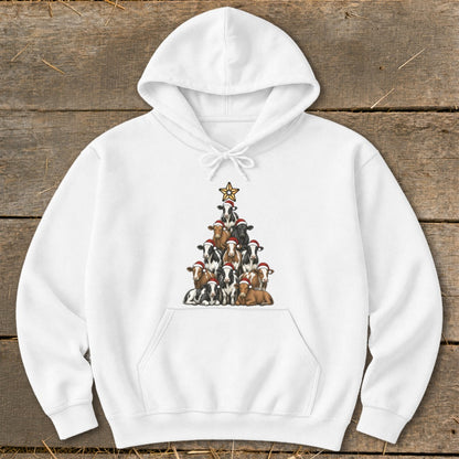 White hoodie with a Christmas tree made of cows wearing Santa hats.