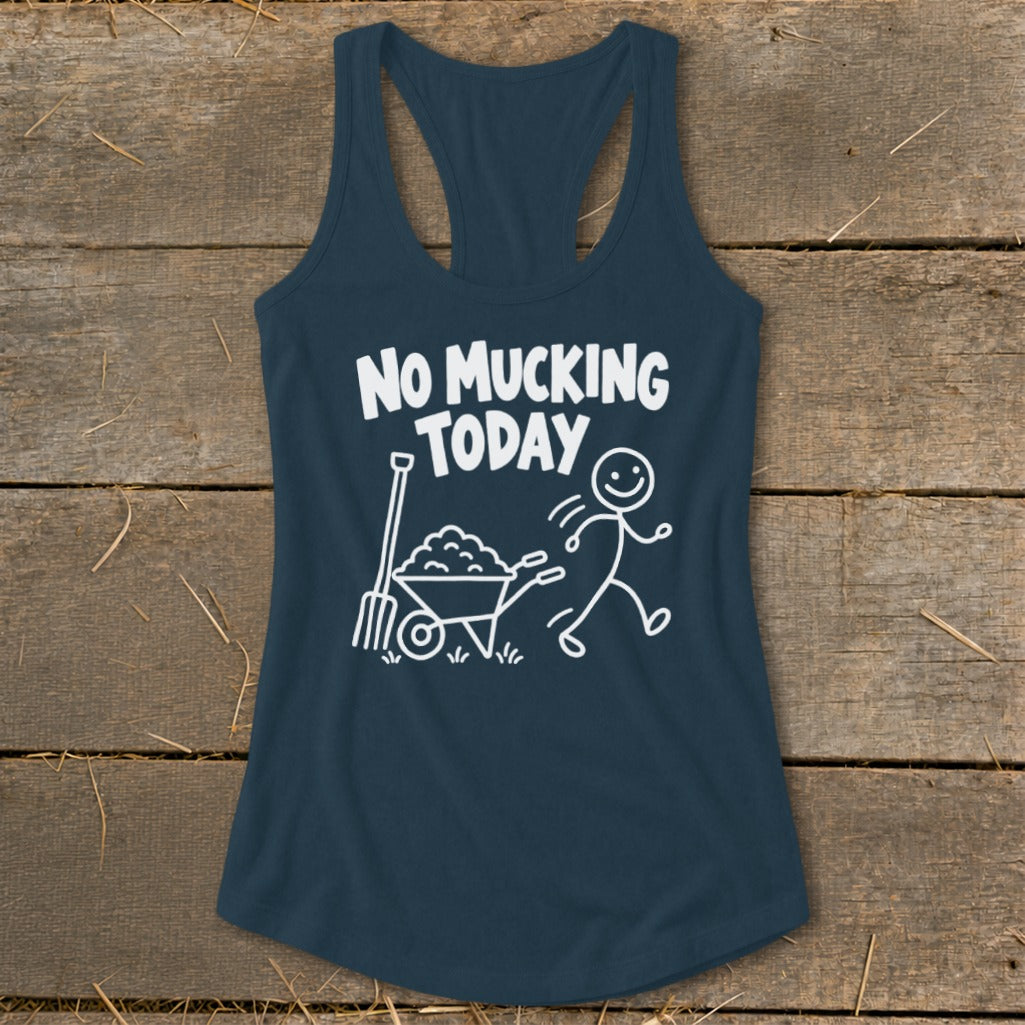 Navy tank top with "NO MUCKING TODAY" text and stick figure graphics.