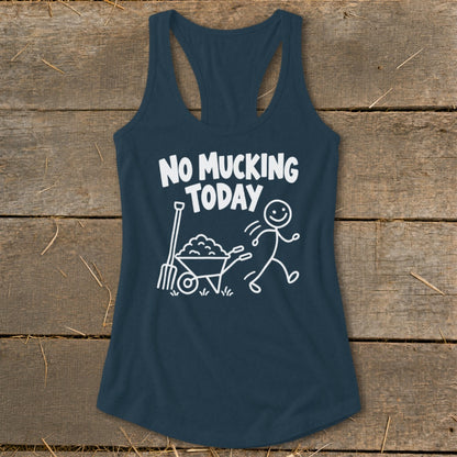 Navy tank top with "NO MUCKING TODAY" text and stick figure graphics.