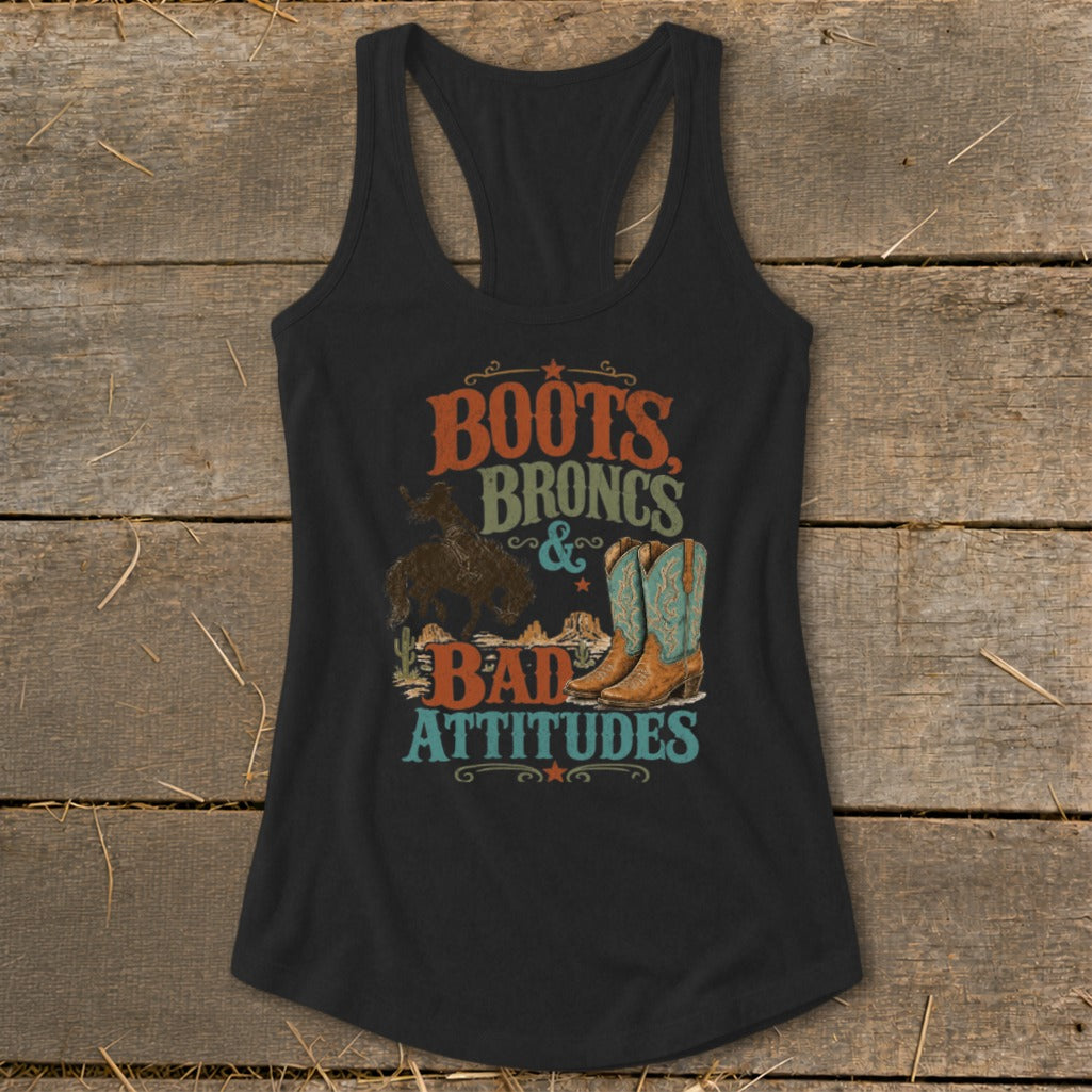 Black tank top with graphic: "Boots, Broncs & Bad Attitudes".