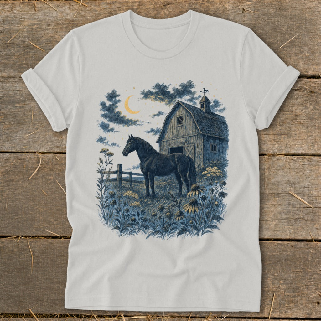 Dark horse stands in a field of wildflowers in front of a barn under a crescent moon.