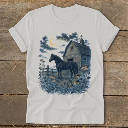 Dark horse stands in a field of wildflowers in front of a barn under a crescent moon.