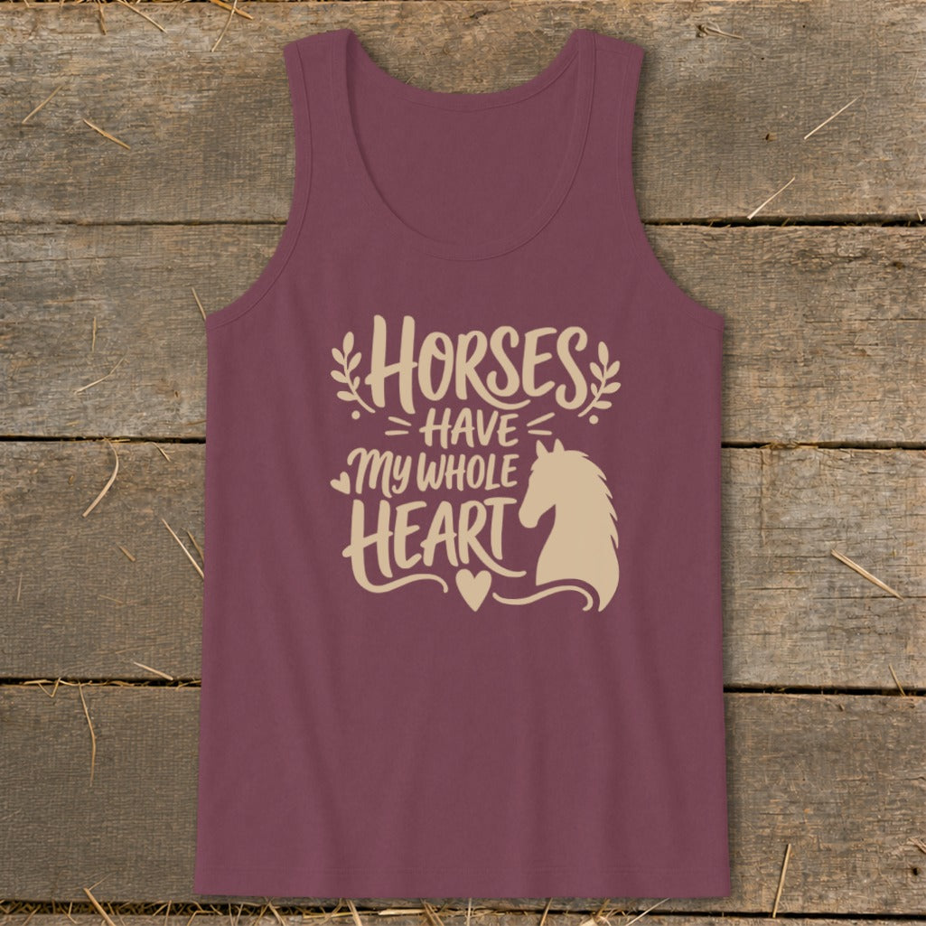 Maroon tank top with "Horses Have My Whole Heart" text and horse silhouette.