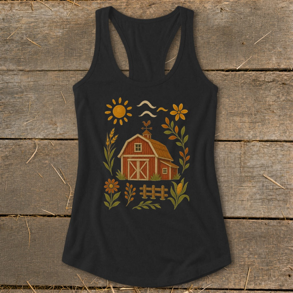 Dark grey tank top with a rustic barn and farm scene graphic.