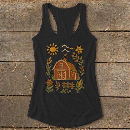 Dark grey tank top with a rustic barn and farm scene graphic.