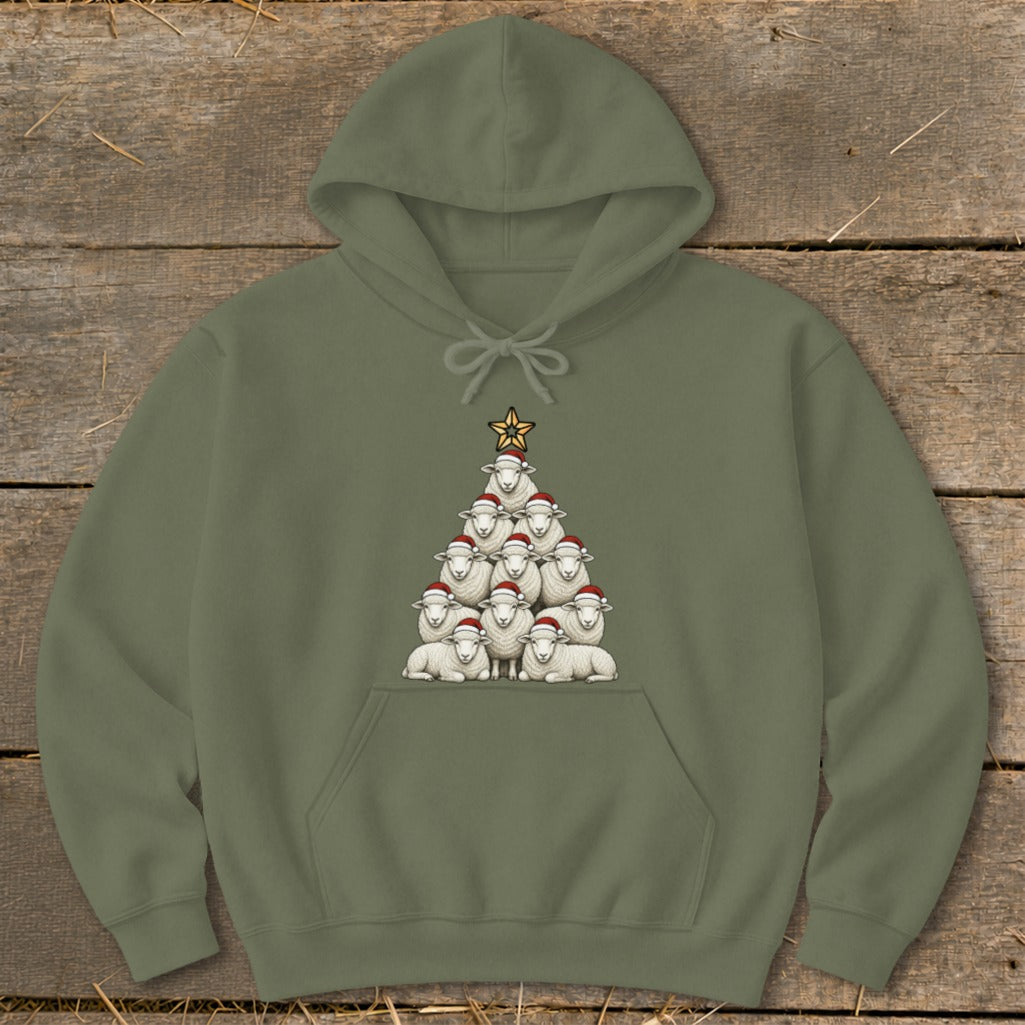 Green hoodie with a Christmas tree made of sheep wearing Santa hats.