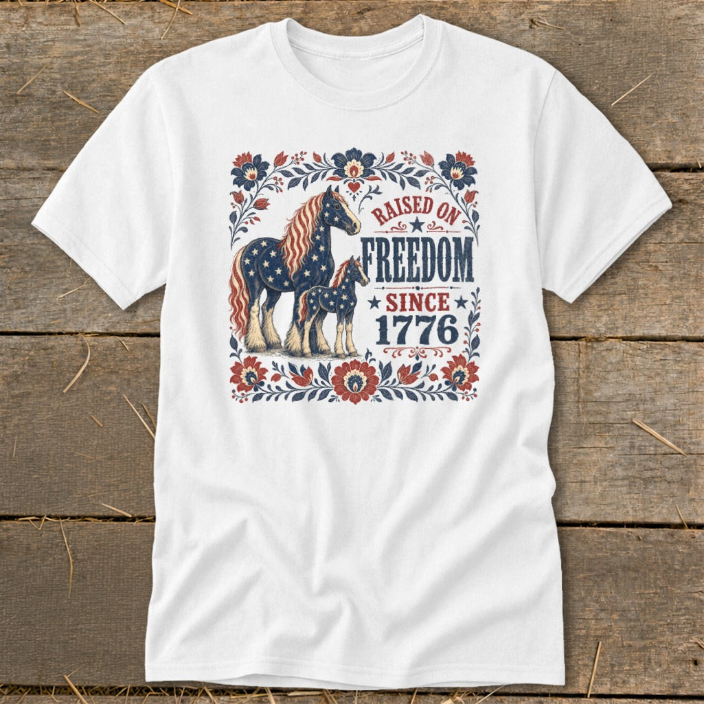 White t-shirt with a distressed American flag-themed horse and foal design.