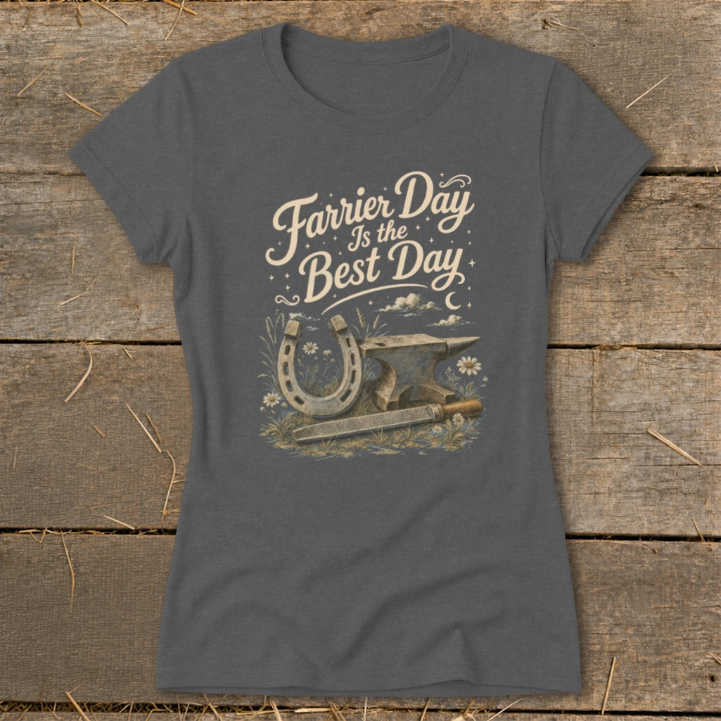 Dark gray t-shirt with a horseshoe, anvil, rasp, and text reading "Farrier Day Is the Best Day".
