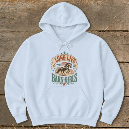 White hoodie with "Long Live Barn Girls" text and a horse graphic.