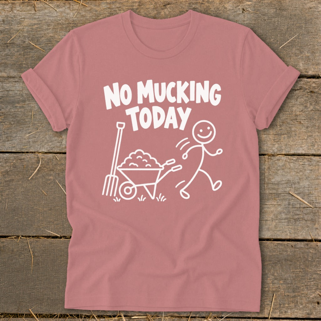 T-shirt with white text and cartoon of person, pitchfork, and wheelbarrow.