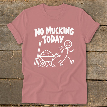 T-shirt with white text and cartoon of person, pitchfork, and wheelbarrow.