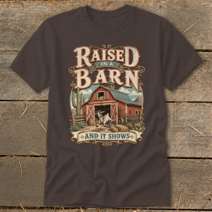 T-shirt graphic with "Raised in a Barn and it Shows" text, a goat and red barn scene.
