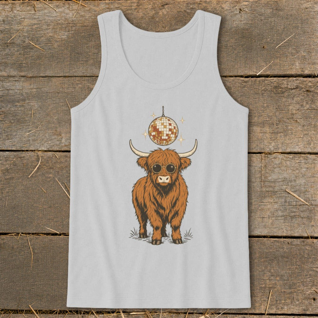 Highland cow wearing sunglasses and a disco ball hanging overhead.