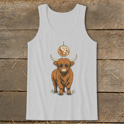 Highland cow wearing sunglasses and a disco ball hanging overhead.