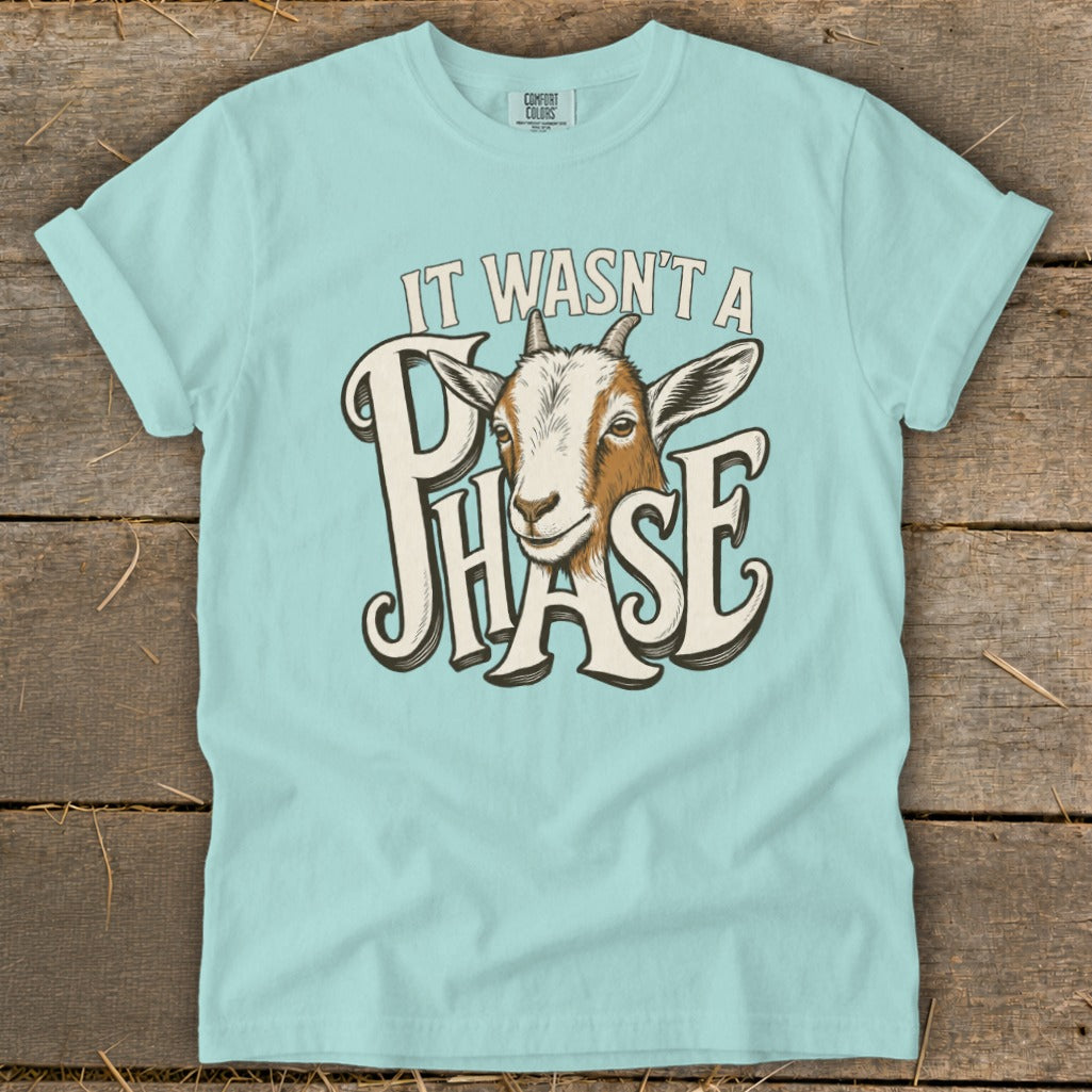 Light blue t-shirt with goat graphic and text "It Wasn't a Phase".