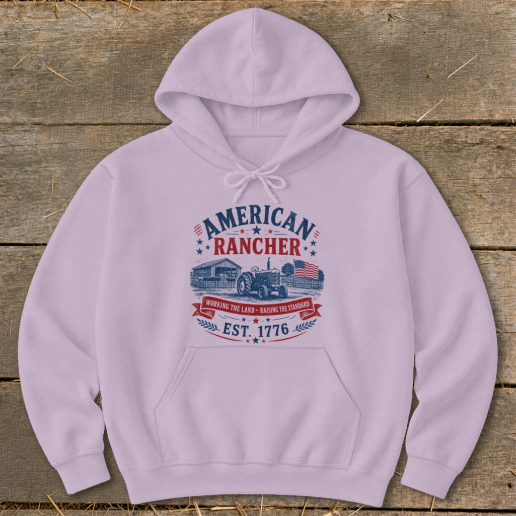 Light purple hoodie with "American Rancher Est. 1776" graphic.