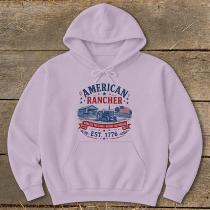 Light purple hoodie with "American Rancher Est. 1776" graphic.