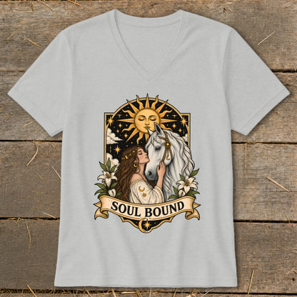 Woman kissing white horse under sun with "Soul Bound" text.