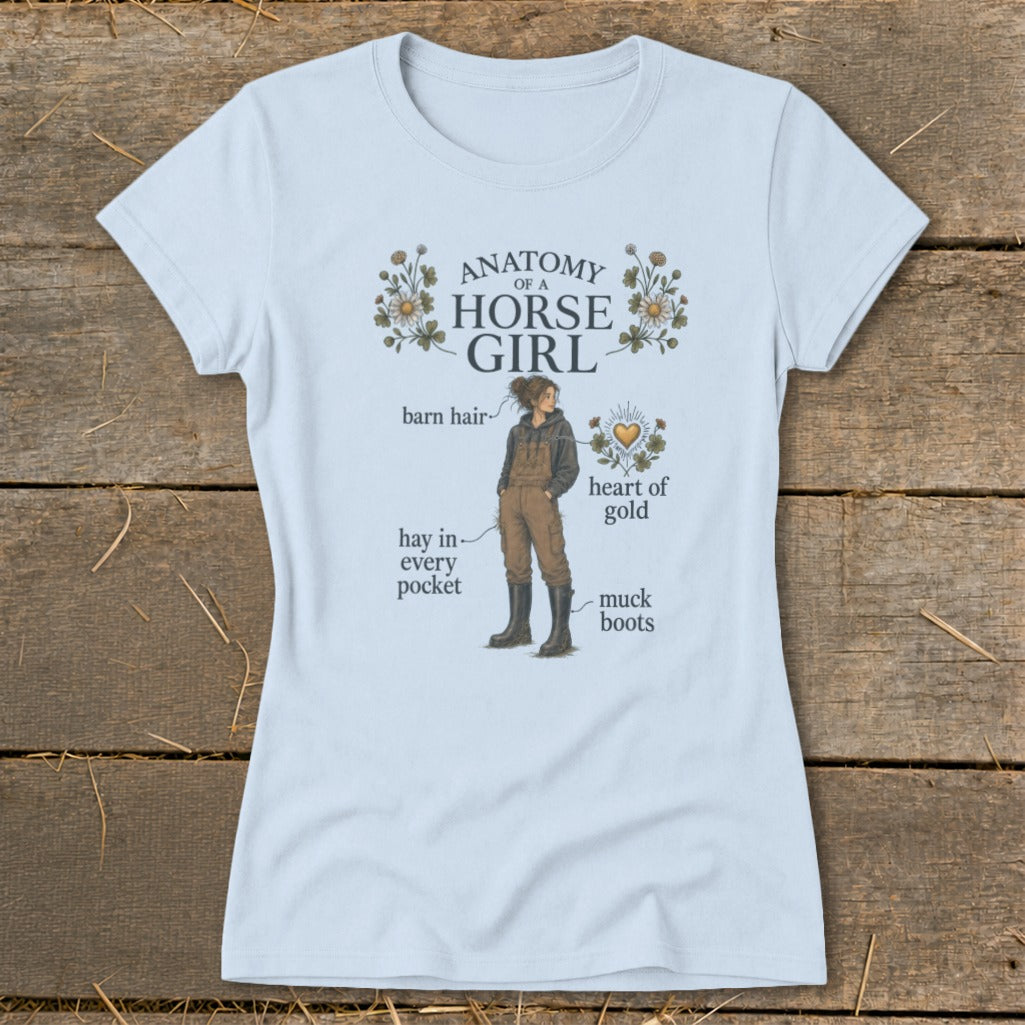 Light blue t-shirt graphic with "Anatomy of a Horse Girl" text and illustrations.