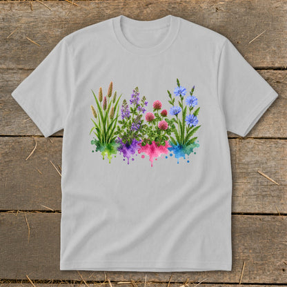 Light gray t-shirt featuring a watercolor graphic of colorful wildflowers over colorful paint splatters.