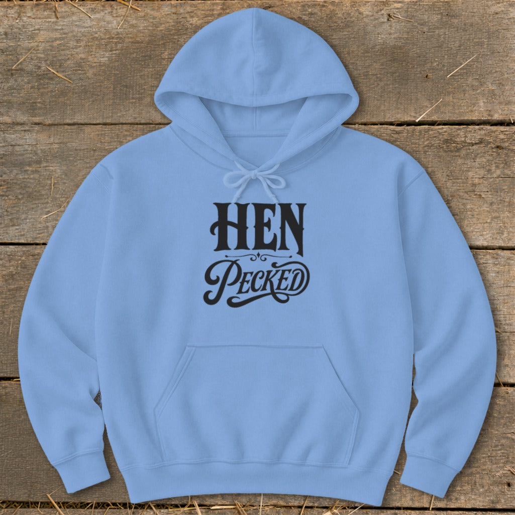 Light blue hoodie with "HEN Pecked" text in black lettering.