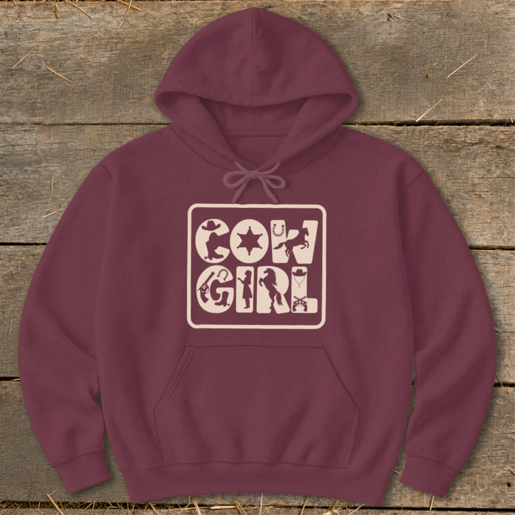 Maroon hoodie with "COWGIRL" text formed by western icons.