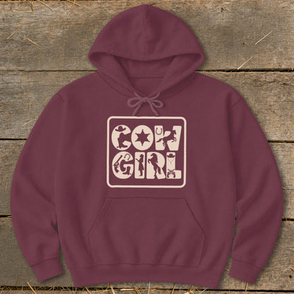 Maroon hoodie with "COWGIRL" text formed by western icons.