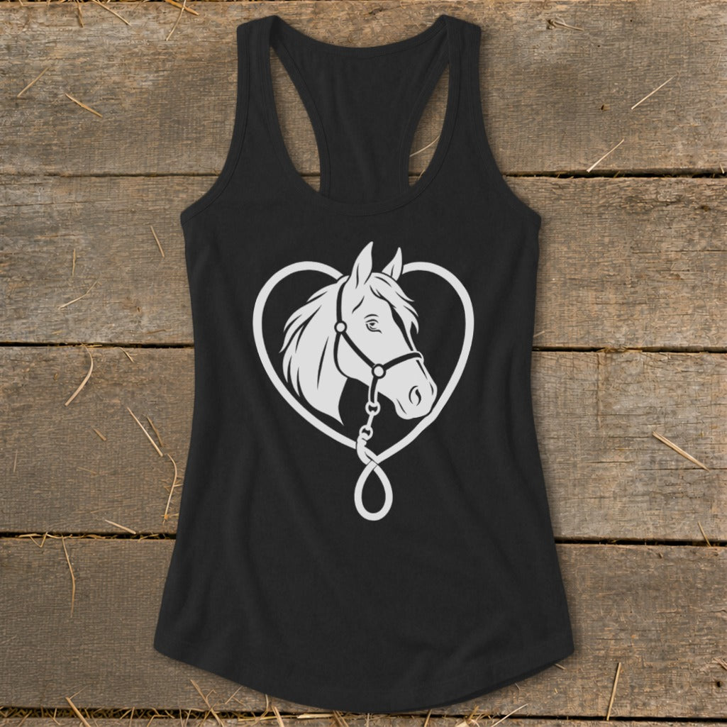 Black racerback tank top featuring a white graphic of a horse's head inside a heart.