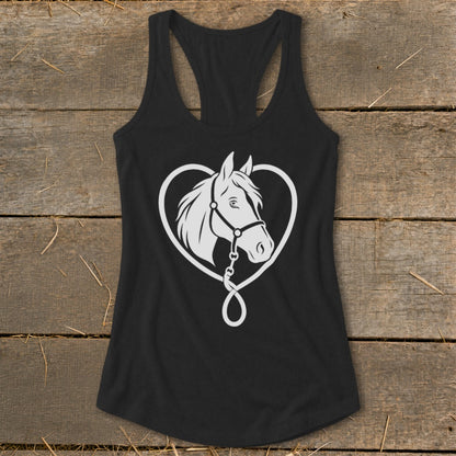 Black racerback tank top featuring a white graphic of a horse's head inside a heart.