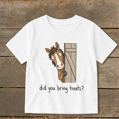 White t-shirt with cartoon horse peeking from a wooden door, asking "did you bring treats?".
