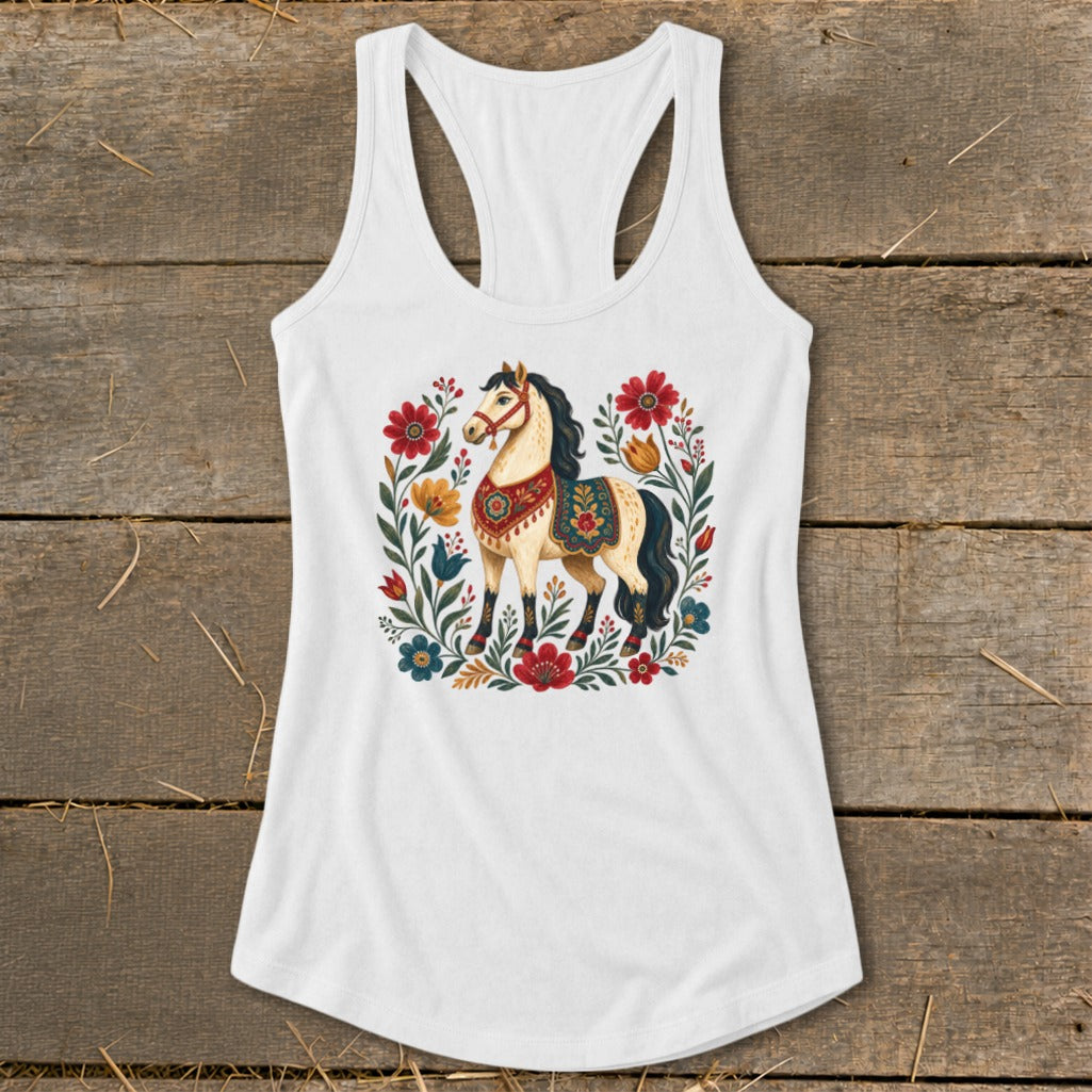 White tank top featuring a folk art style horse surrounded by flowers.