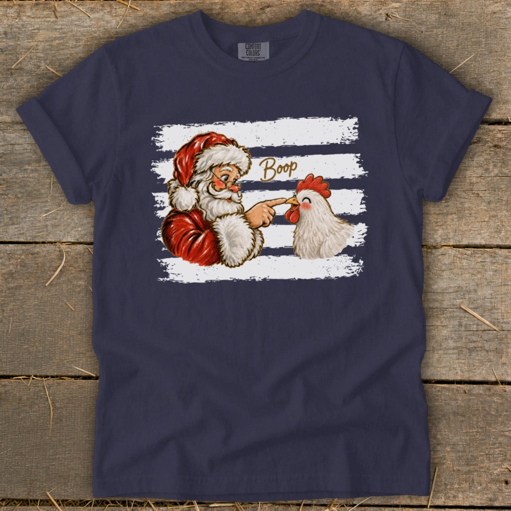 Santa booping a chicken with the word "Boop" on a navy t-shirt.