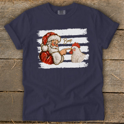 Santa booping a chicken with the word "Boop" on a navy t-shirt.