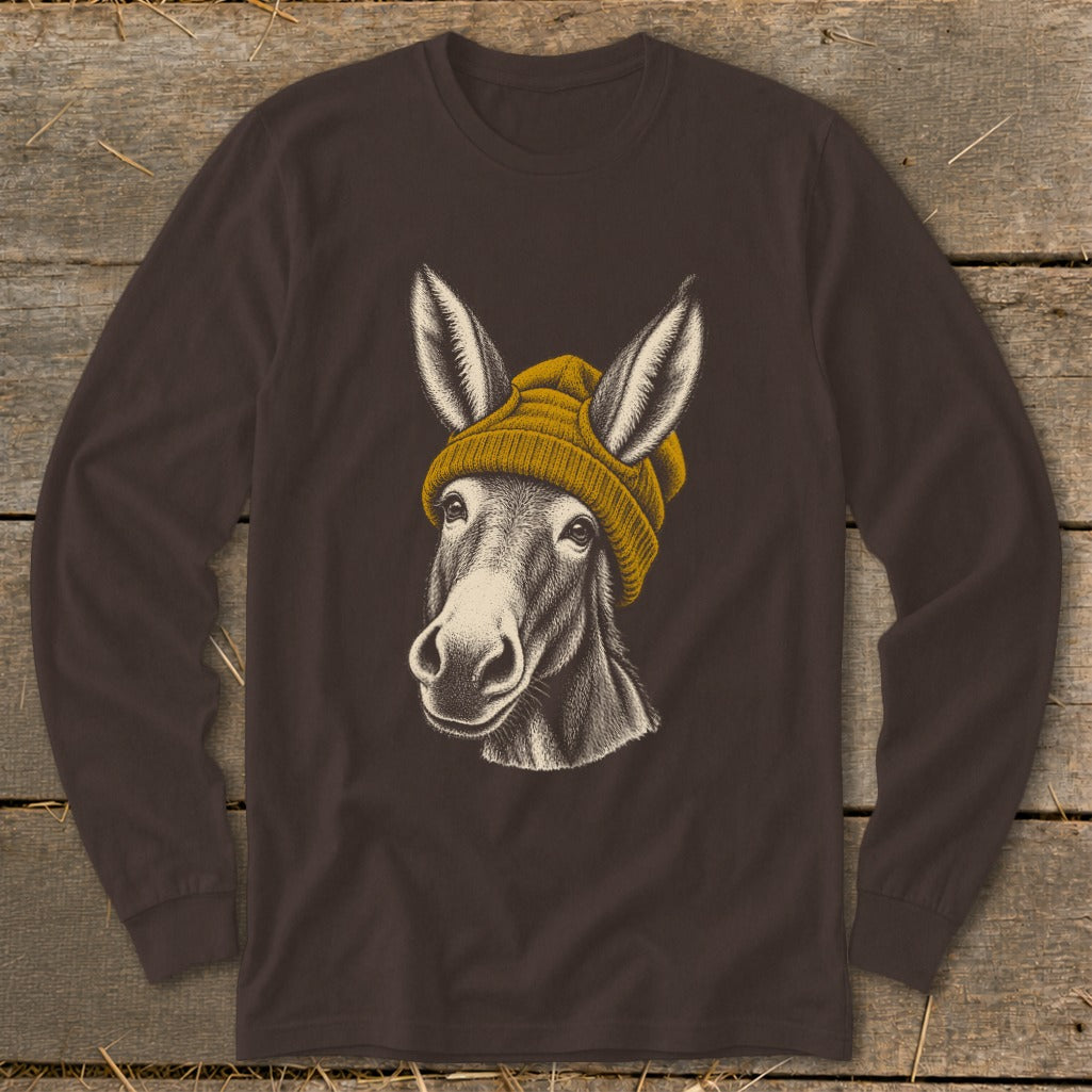 Donkey wearing a yellow beanie, featured on a brown long-sleeve shirt.