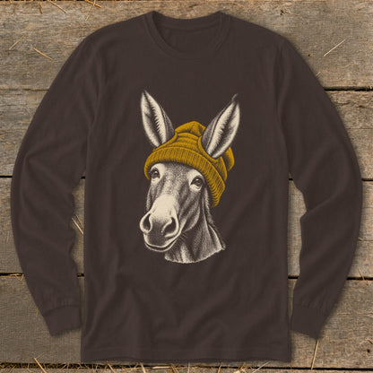 Donkey wearing a yellow beanie, featured on a brown long-sleeve shirt.