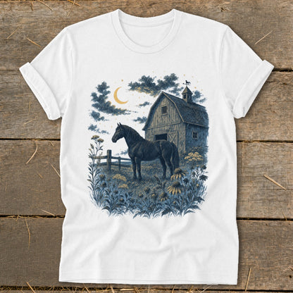 Illustration of a dark horse in a field with a barn under a crescent moon.