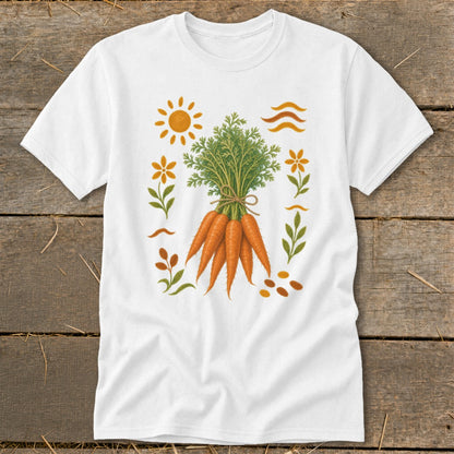 White t-shirt with a watercolor illustration of a bunch of carrots surrounded by floral elements.