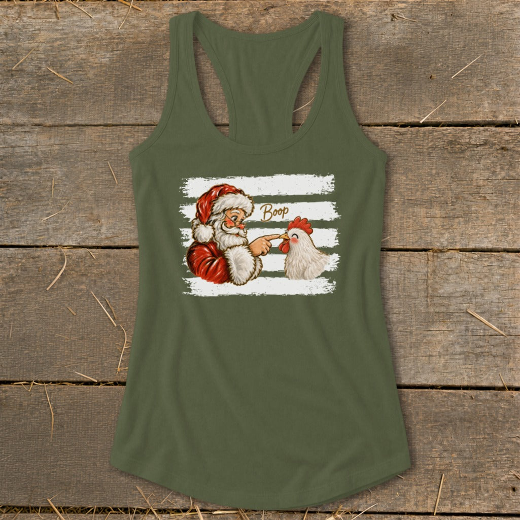 Santa booping a chicken with the word "Boop" in distressed white stripes.