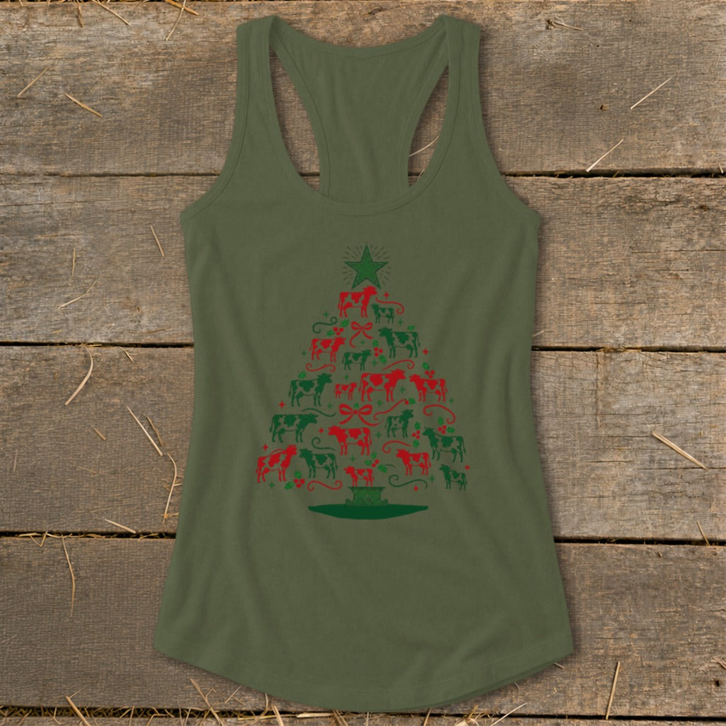 Green tank top with a Christmas tree made of red and green cows and ornaments.