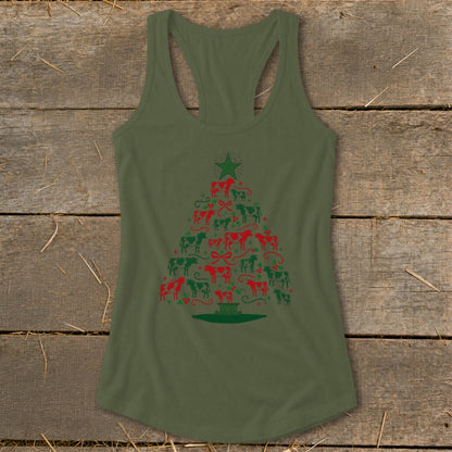 Green tank top with a Christmas tree made of red and green cows and ornaments.
